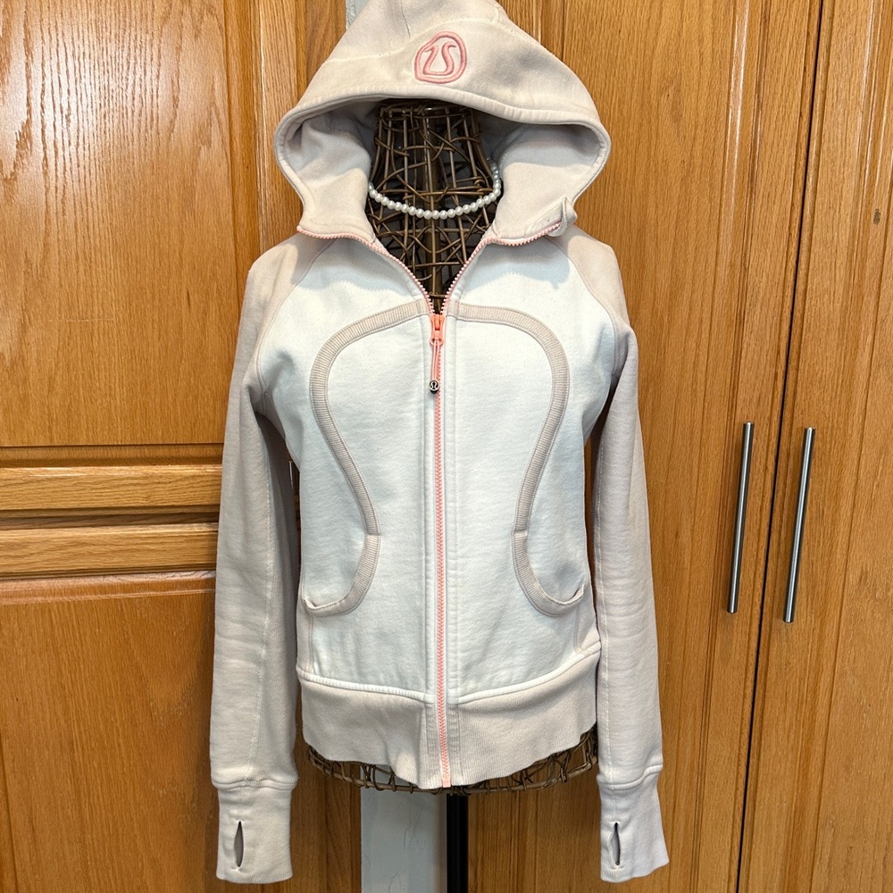 Lululemon Limited Edition cream, tan & coral hoodie sweatshirt. Coral emblem. L